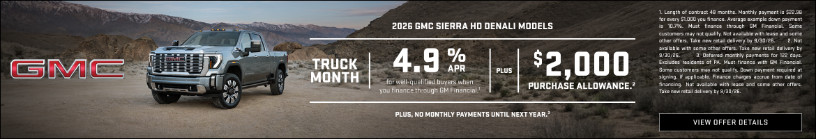 TRUCK MONTH 

4.9% APR for well-qualified buyers when you finance through GM Financial.1

Plus, $...