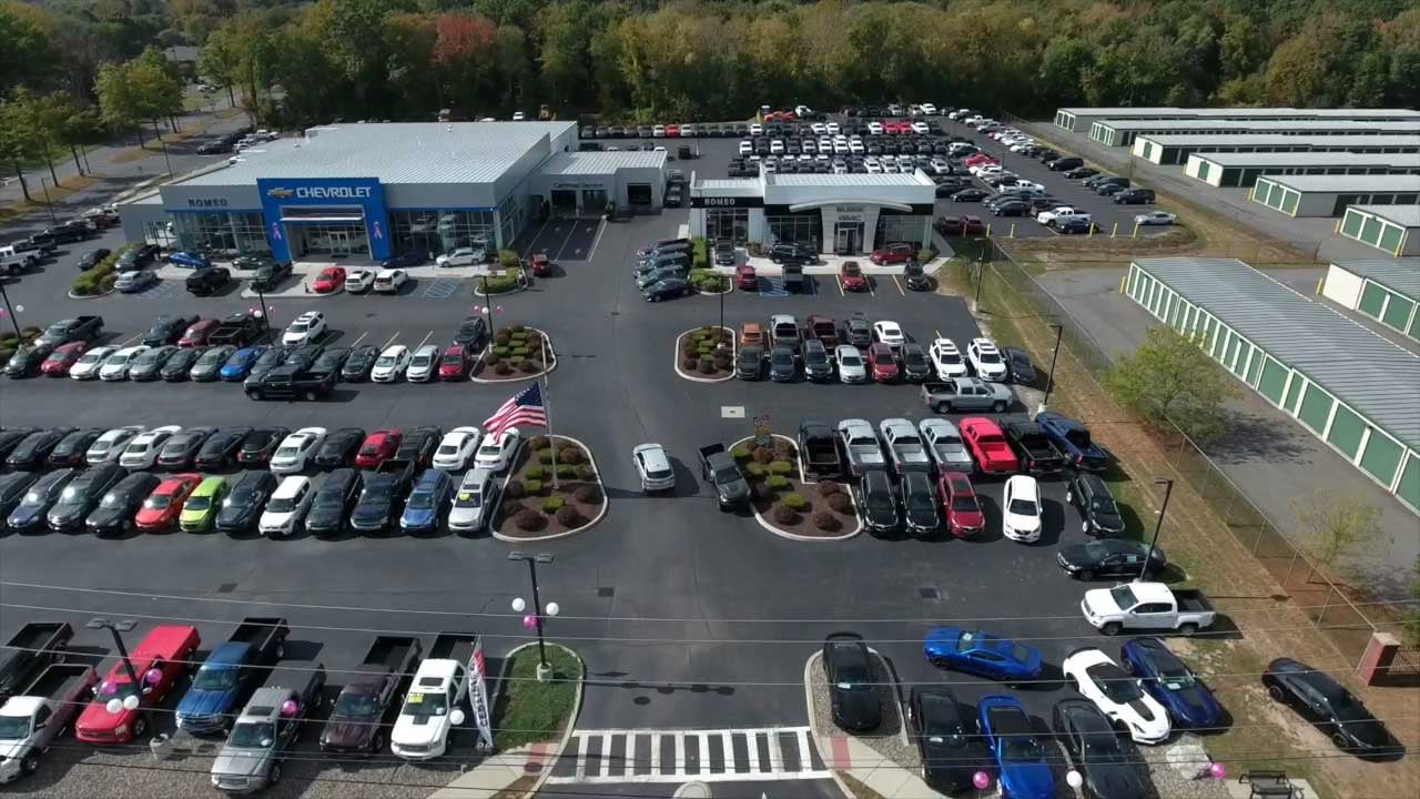 Aerial view of the Romeo Chevrolet Buick GMC dealership and vehicle lot on Ulster Ave in Lake Katrine, NY
